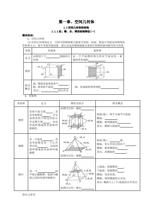 人教版高一数学必修二辅导讲义：1.1空间几何体的结构