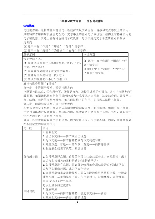 七年级语文部编版下册记叙文阅读：分析句段作用