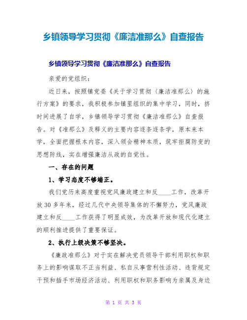 乡领导学习贯彻《廉洁准则》自查报告