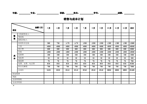 销售与成本计划表