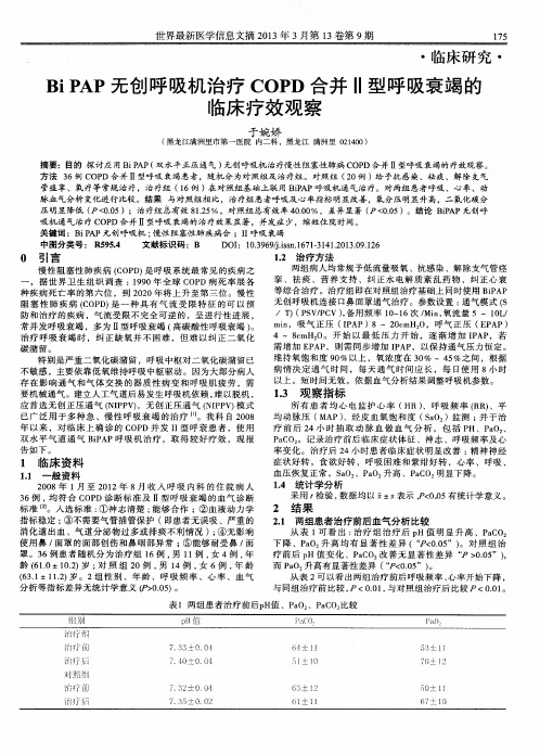 Bi PAP无创呼吸机治疗COPD合并Ⅱ型呼吸衰竭的临床疗效观察