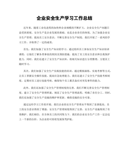 企业安全生产学习工作总结