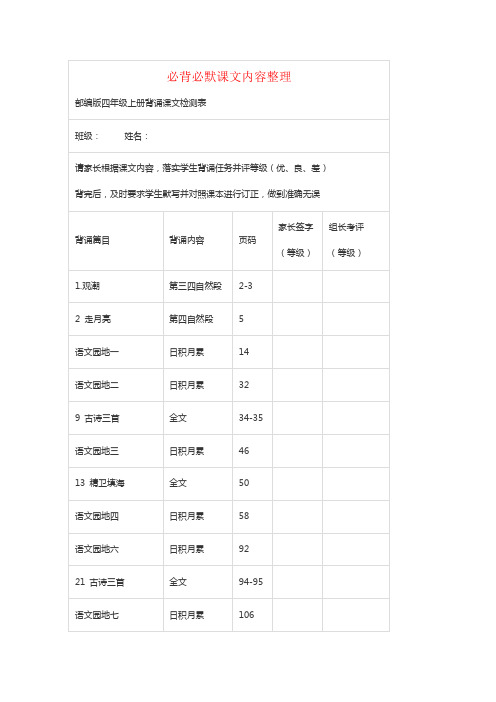 【强烈推荐】部编版四年级上册语文教材：全册课文背诵整理+检测表