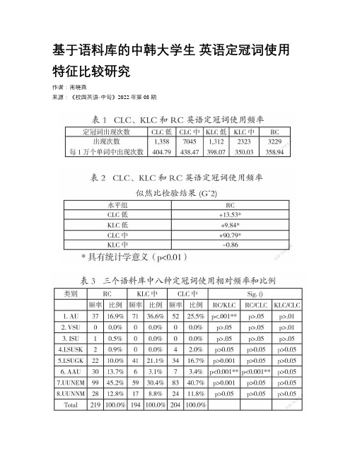 基于语料库的中韩大学生 英语定冠词使用特征比较研究