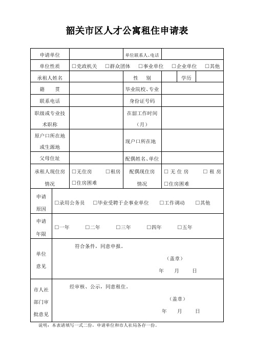 人才公寓租住申请表