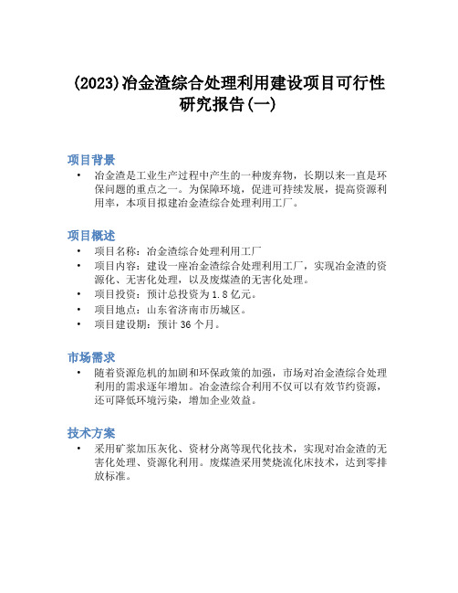 (2023)冶金渣综合处理利用建设项目可行性研究报告(一)