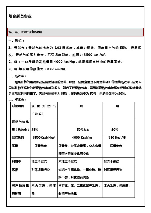 煤电天然气对比表