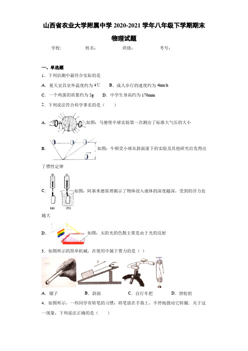 山西省农业大学附属中学2020-2021学年八年级下学期期末物理试题