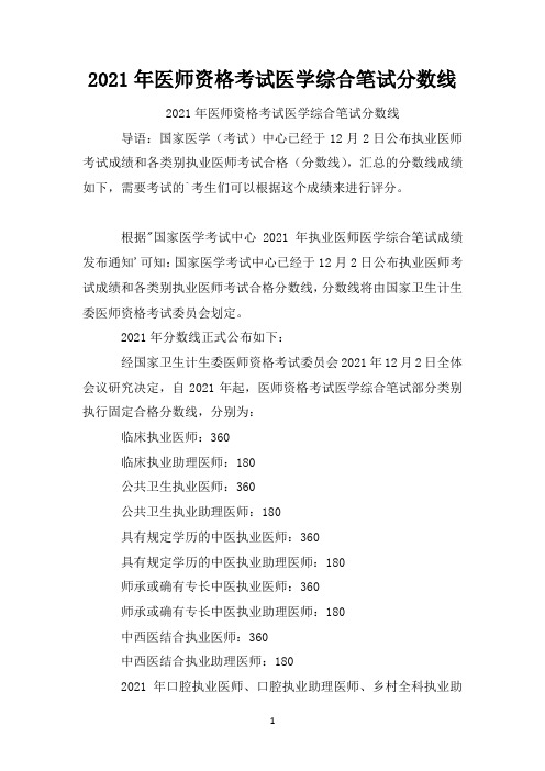 2021年医师资格考试医学综合笔试分数线