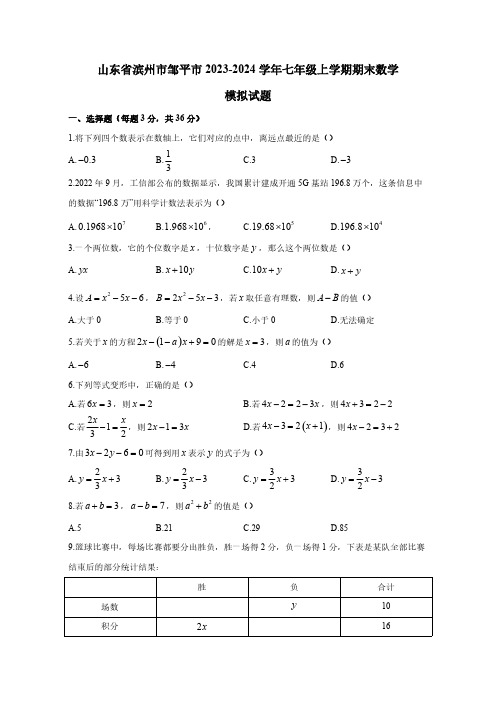 山东省滨州市邹平市2023-2024学年七年级上学期期末数学模拟试题(含答案)