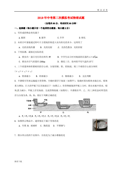 2019届九年级物理下学期第二次模拟考试试题(无答案) 人教版新版