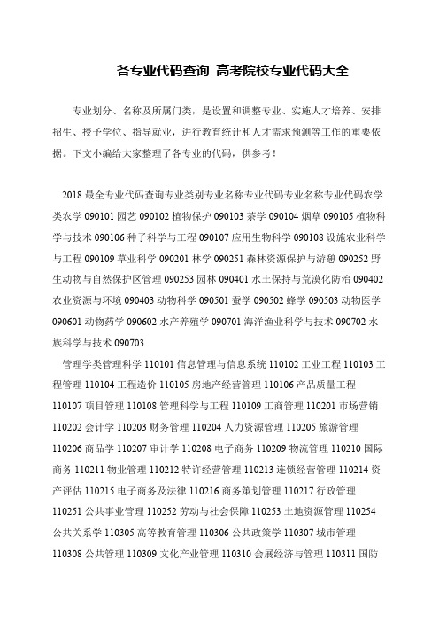 各专业代码查询 高考院校专业代码大全