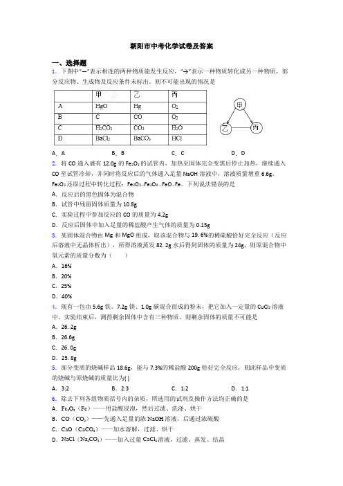 朝阳市中考化学试卷及答案