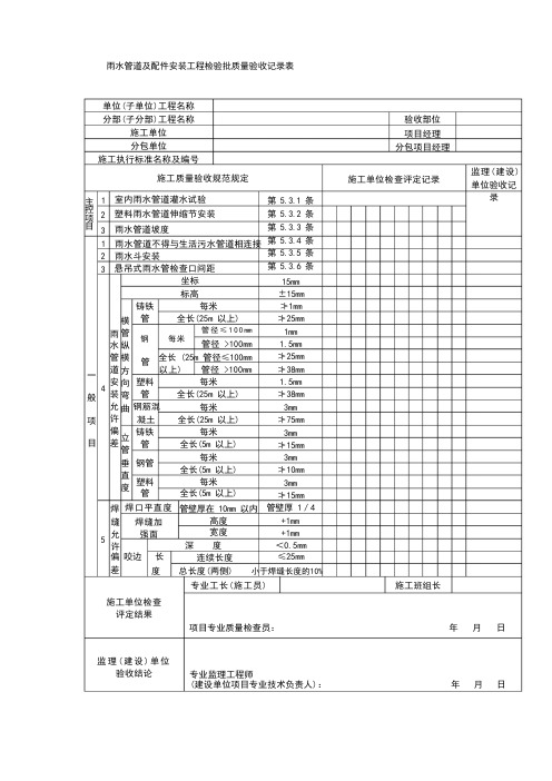 雨水管道及配件安装工程检验批质量验收记录表