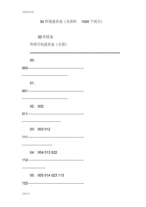 3d和值速查表(全部的000个组合)