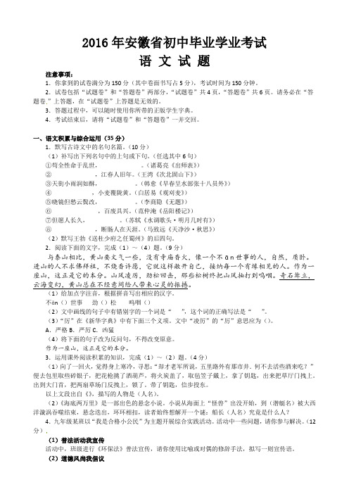 安徽省2016年中考语文试题(word版,含答案)