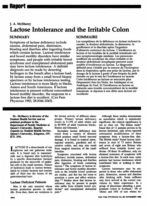 Lactose intolerance and the irritable colon