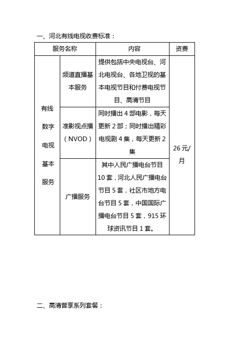 河北有线电视收费标准及部分免费高清电视节目列表