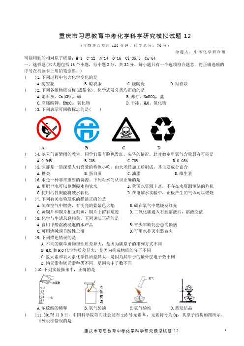 重庆市习思教育中考化学科学研究模拟试题12