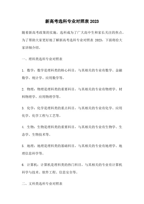 新高考选科专业对照表2023