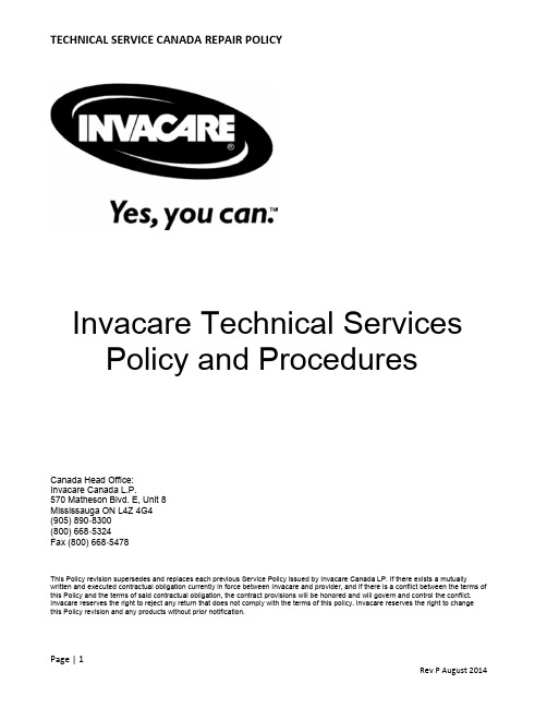 Invacare Technical Services Policy and Procedures 