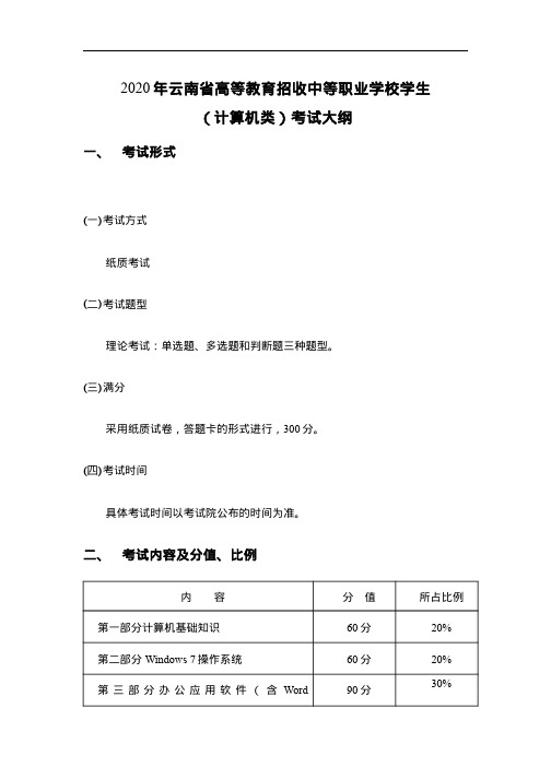 2020年云南省计算机专业三校生高考大纲