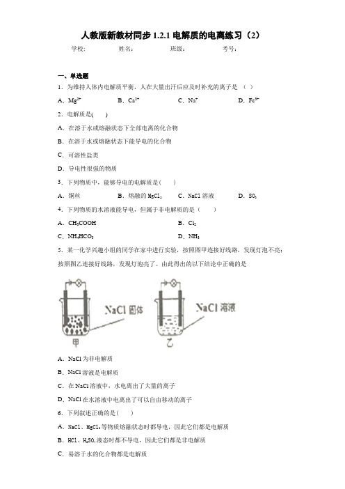 人教版新教材同步1.2.1电解质的电离练习(2)