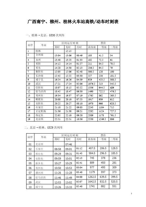 广西南宁、柳州、桂林高铁动车时刻(票价)表