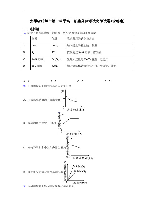安徽省蚌埠市第一中学高一新生分班考试化学试卷(含答案)