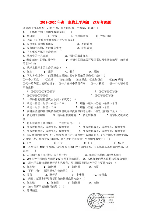 2019-2020年高一生物上学期第一次月考试题