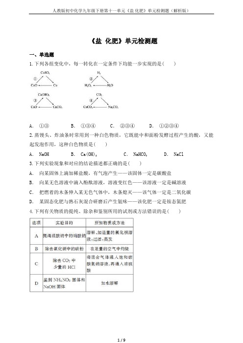 人教版初中化学九年级下册第十一单元《盐 化肥》单元检测题(解析版)