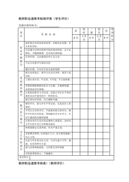 师德考核教师互评表-学生评价表