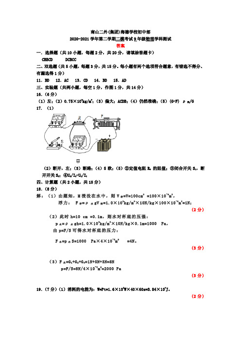 广东省深圳市南山区第二外国语学校(集团)学府中学2020-2021学年九年级下学期物理二模考试试卷