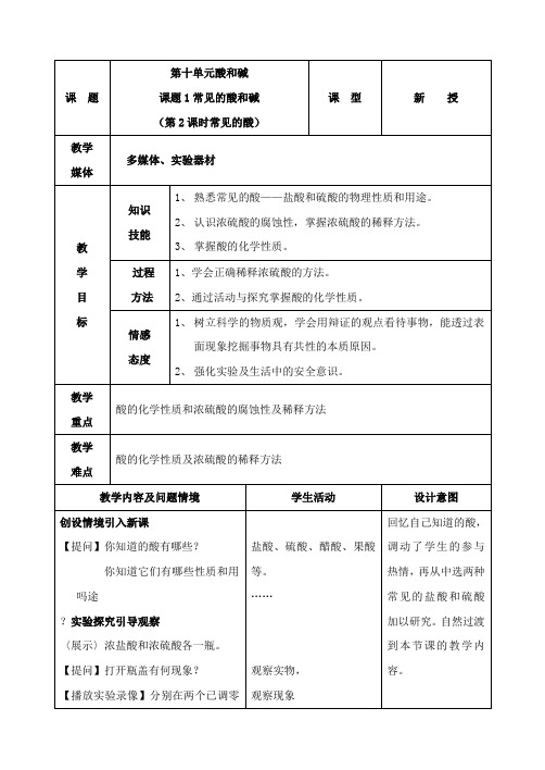 《常见的酸和碱》 第2课时常见的酸 (教案设计)(人教新课标版九年级下)