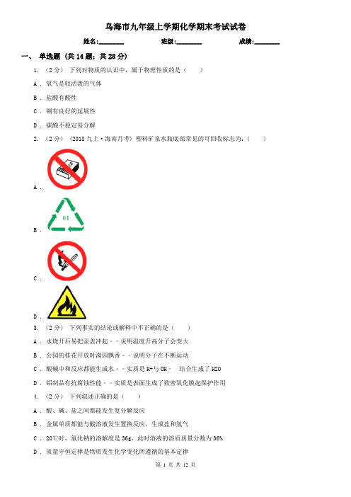 乌海市九年级上学期化学期末考试试卷