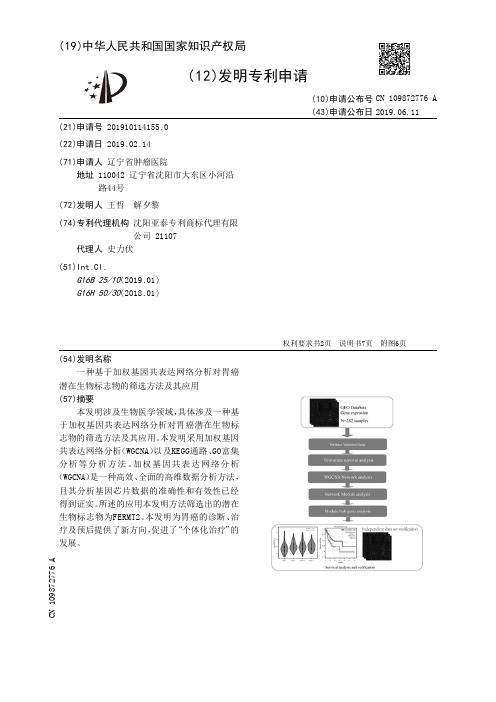 【CN109872776A】一种基于加权基因共表达网络分析对胃癌潜在生物标志物的筛选方法及其应用【专