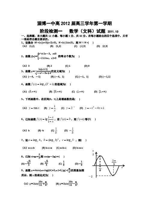 山东省淄博一中2012届高三10月检测文科数学试题