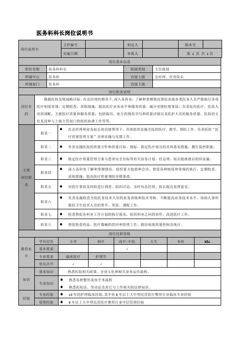 医院医务科科长岗位说明书