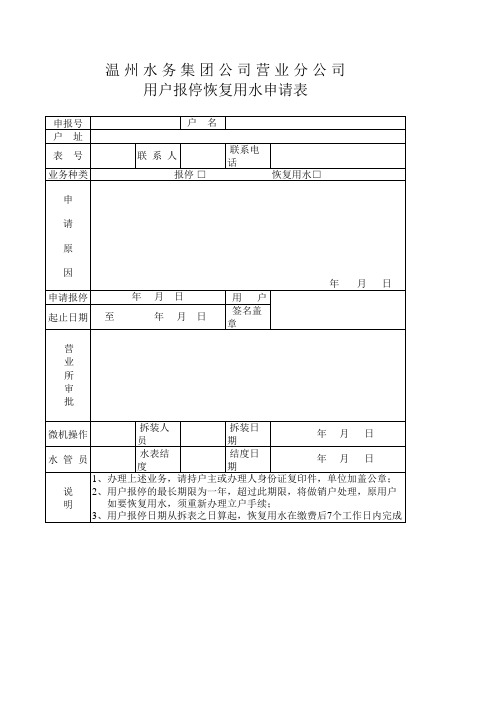 用户报停恢复用水申请表 - 温州市自来水有限公司