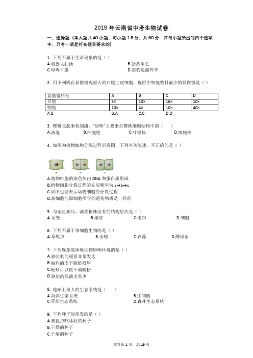 2019年云南省中考生物试卷