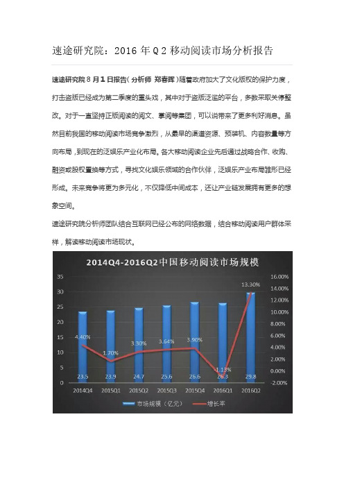 速途研究院：2016年Q2移动阅读市场分析报告