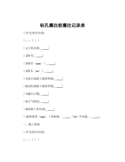 钻孔灌注桩灌注记录表