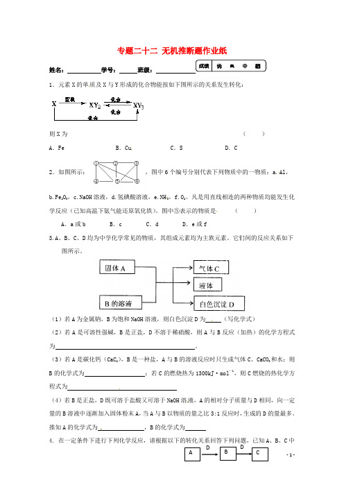 江苏省高三化学二轮复习 专题22《无机推断题》课时作业
