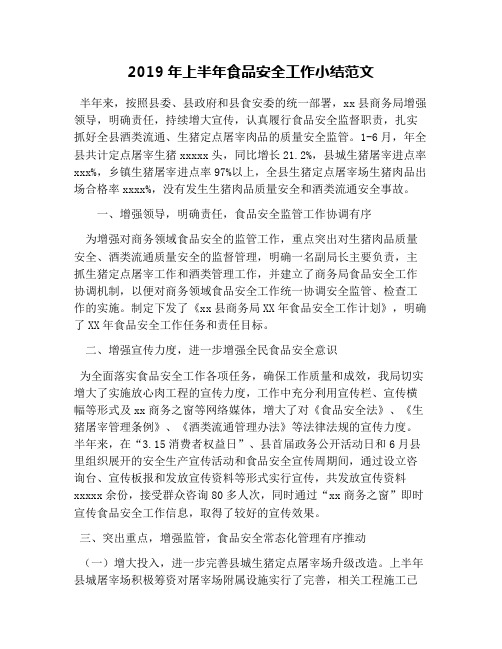 2019年上半年食品安全工作小结范文
