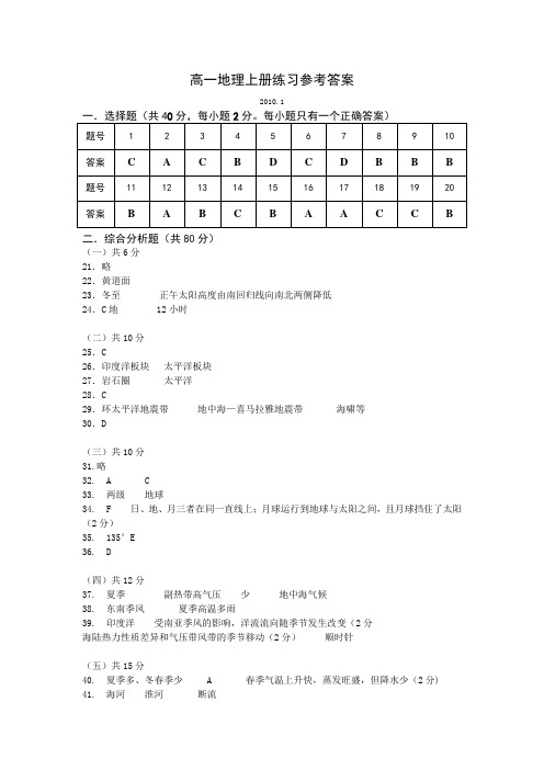 2009学年第一学期高一地理期末测试答案