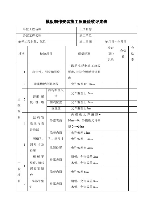 模板制作安装施工质量验收评定表