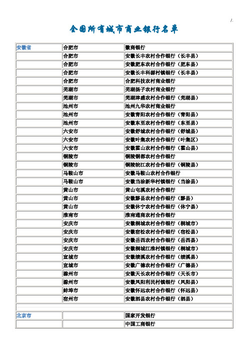 全国所有城市商业银行详细名单