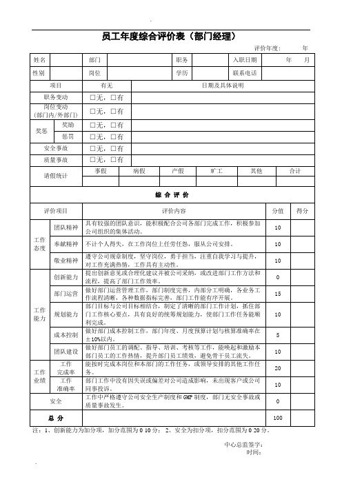 员工年度综合评价表