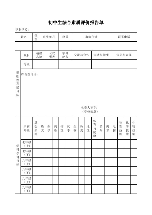 初中生综合素质评定报告单