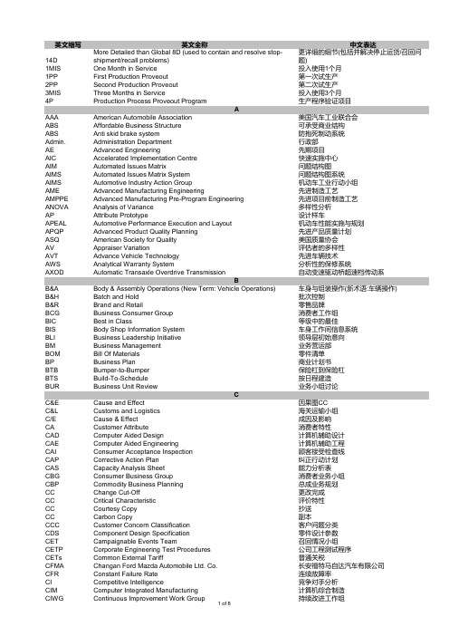 汽车行业常用中英文缩写对照